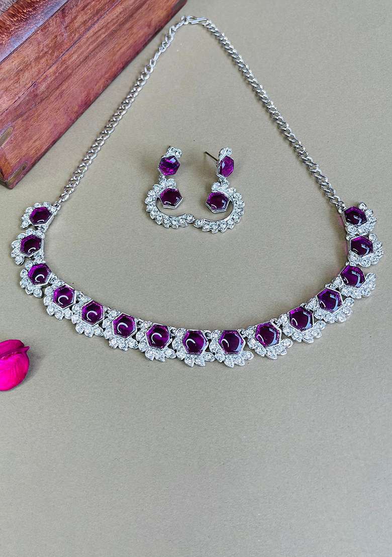 Purple Alloy American Diamonds and Stone Necklace Set - Indya