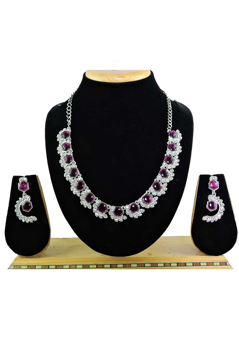 Purple Alloy American Diamonds and Stone Necklace Set - Indya