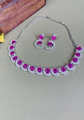 Maroon Alloy American Diamonds and Stone Necklace Set