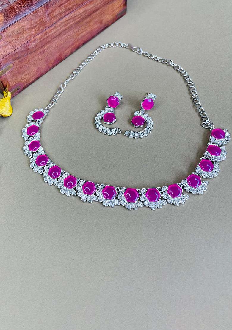 Maroon Alloy American Diamonds and Stone Necklace Set - Indya