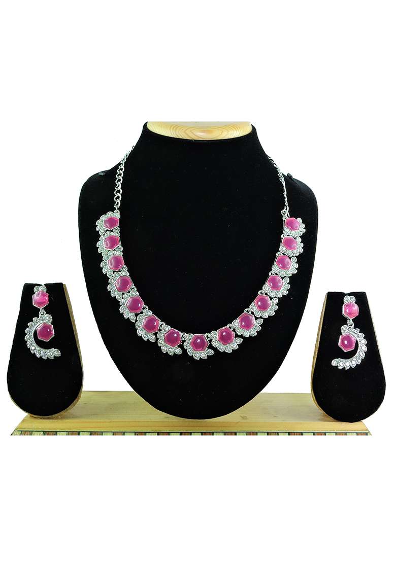 Maroon Alloy American Diamonds and Stone Necklace Set - Indya