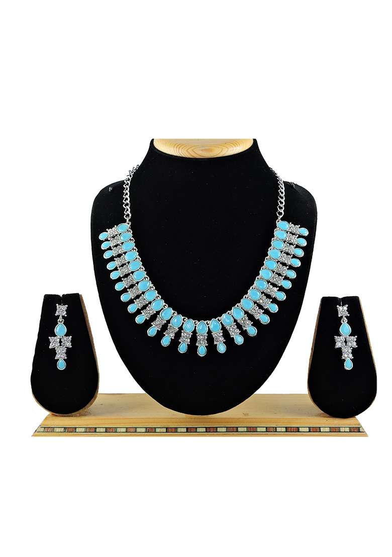 Turquoise Alloy American Diamonds and Stone Necklace Set - Indya