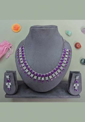 Purple Alloy American Diamonds and Stone Necklace Set