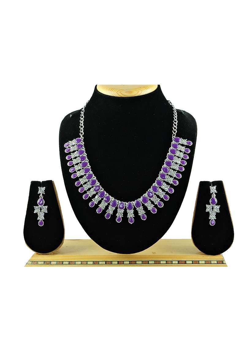 Purple Alloy American Diamonds and Stone Necklace Set - Indya