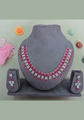 Maroon Alloy American Diamonds and Stone Necklace Set