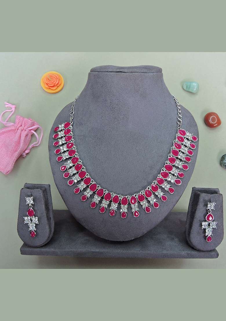 Maroon Alloy American Diamonds and Stone Necklace Set - Indya