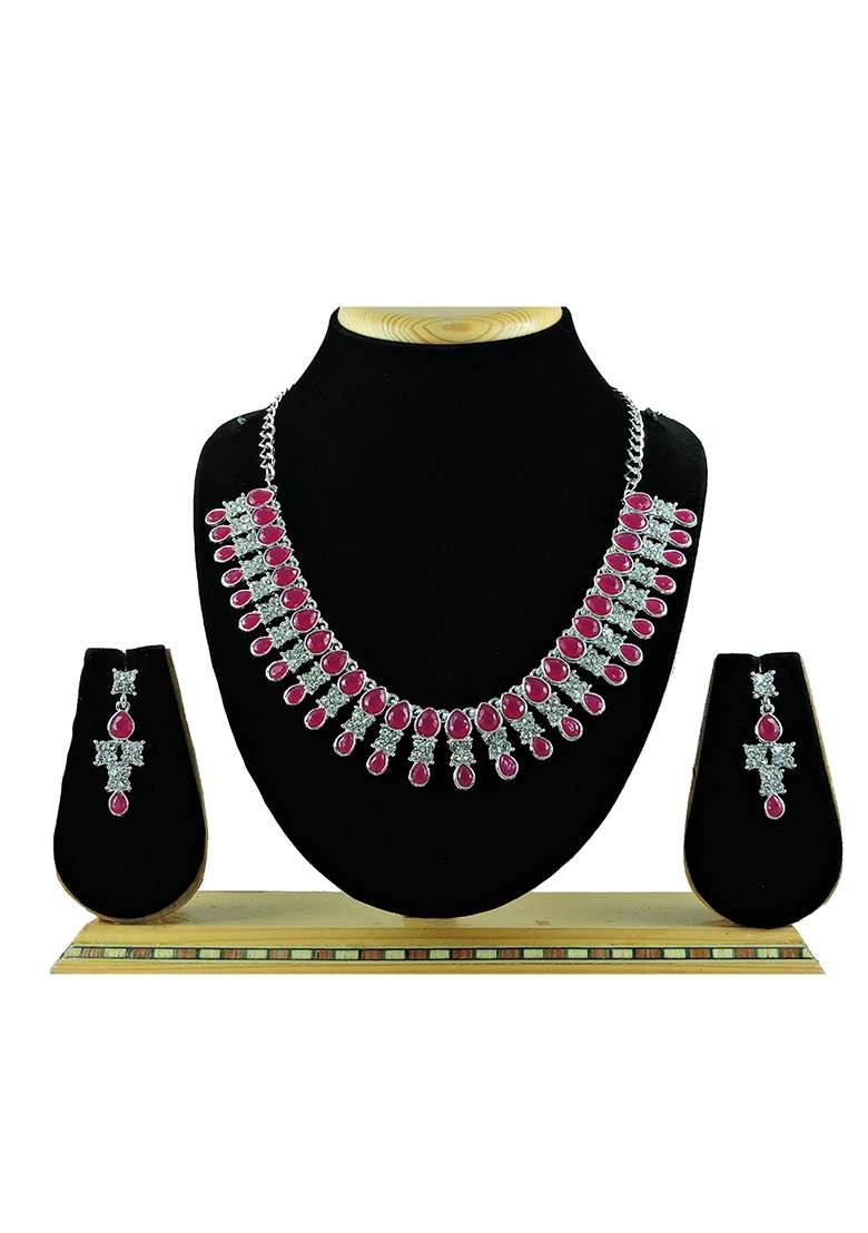 Maroon Alloy American Diamonds and Stone Necklace Set - Indya