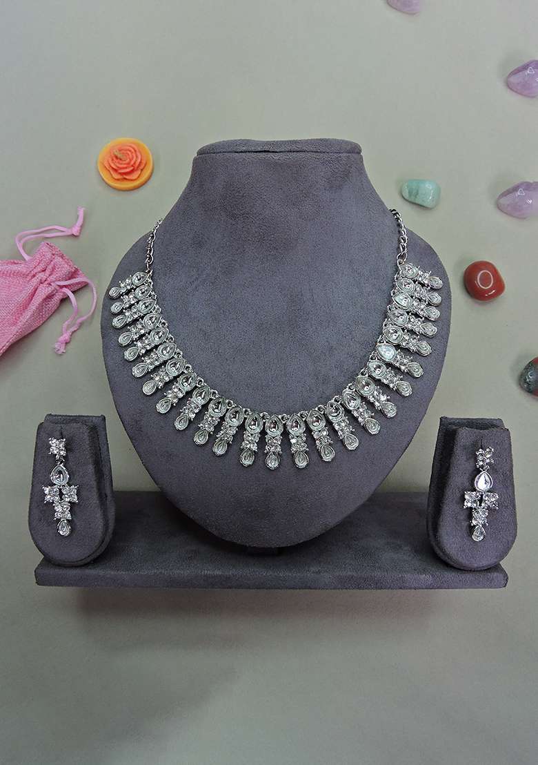 White Alloy American Diamonds and Stone Necklace Set - Indya