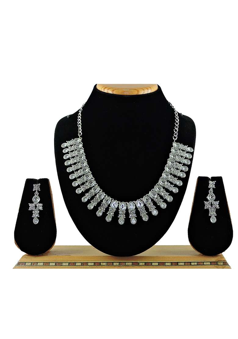 White Alloy American Diamonds and Stone Necklace Set - Indya
