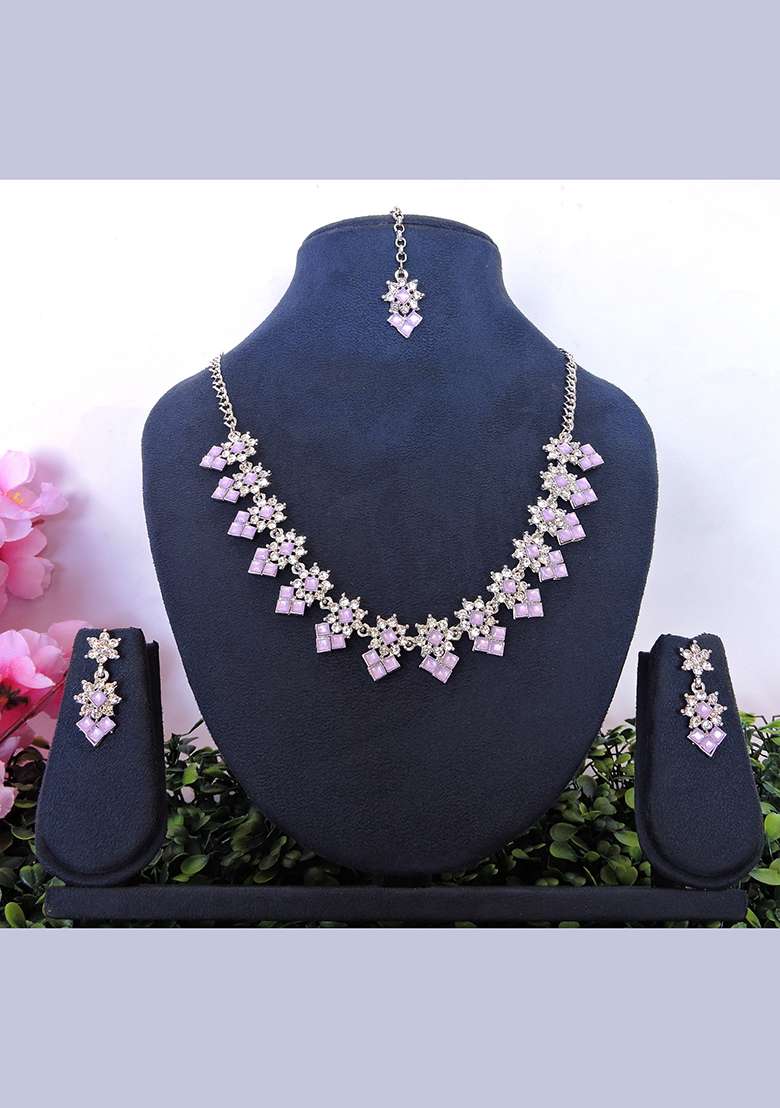 Purple Alloy American Diamonds and Stone Necklace Set - Indya