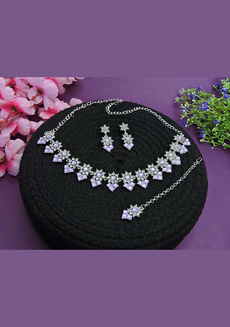 Purple Alloy American Diamonds and Stone Necklace Set - Indya