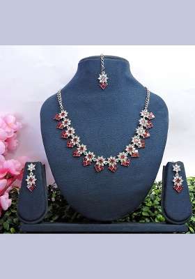 Maroon Alloy American Diamonds and Stone Necklace Set