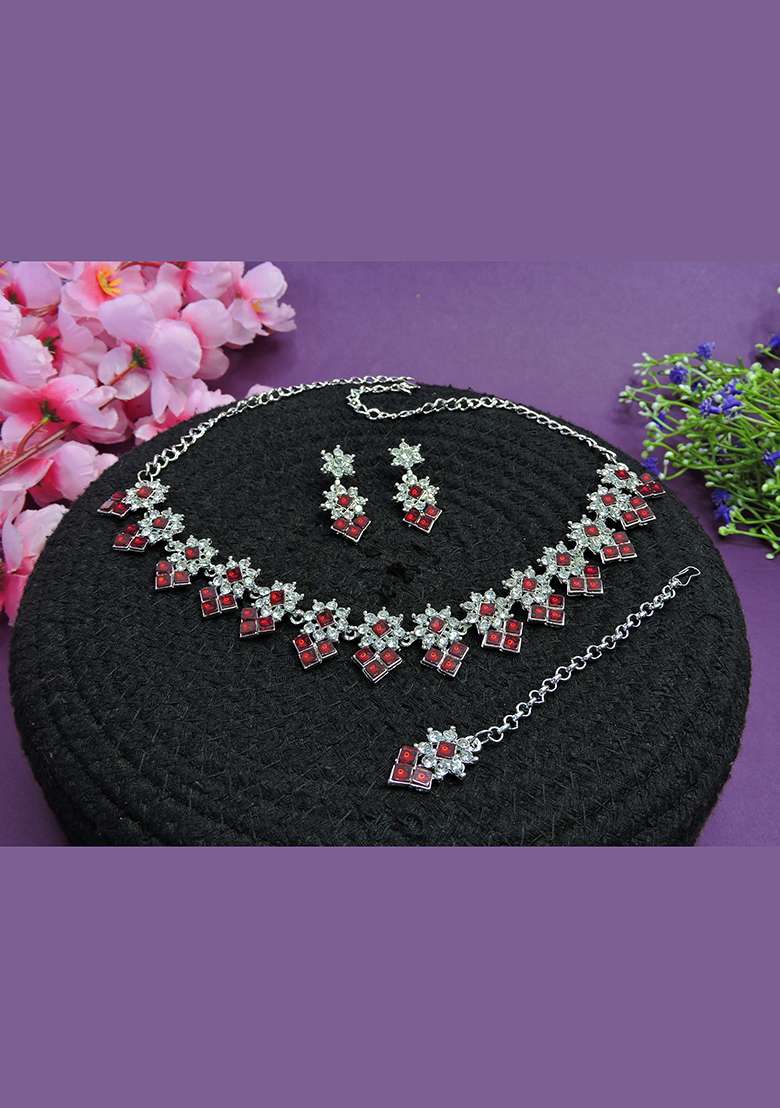 Maroon Alloy American Diamonds and Stone Necklace Set - Indya