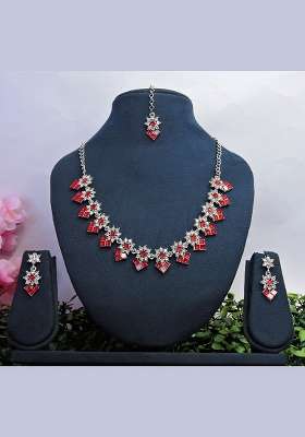 Red Alloy American Diamonds and Stone Necklace Set
