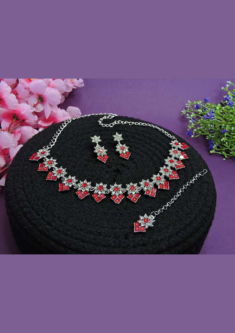 Red Alloy American Diamonds and Stone Necklace Set - Indya