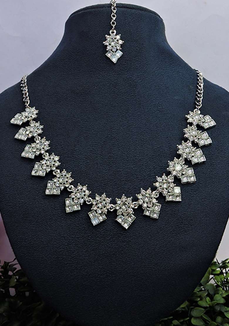 White Alloy American Diamonds and Stone Necklace Set - Indya
