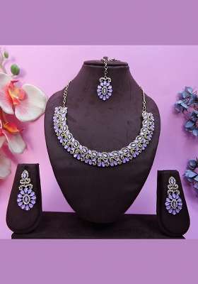 Purple Alloy American Diamonds and Stone Necklace Set
