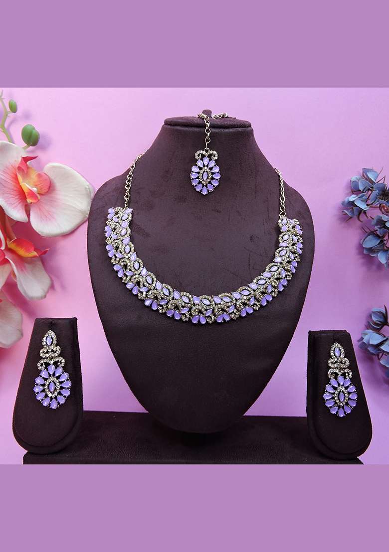 Purple Alloy American Diamonds and Stone Necklace Set - Indya
