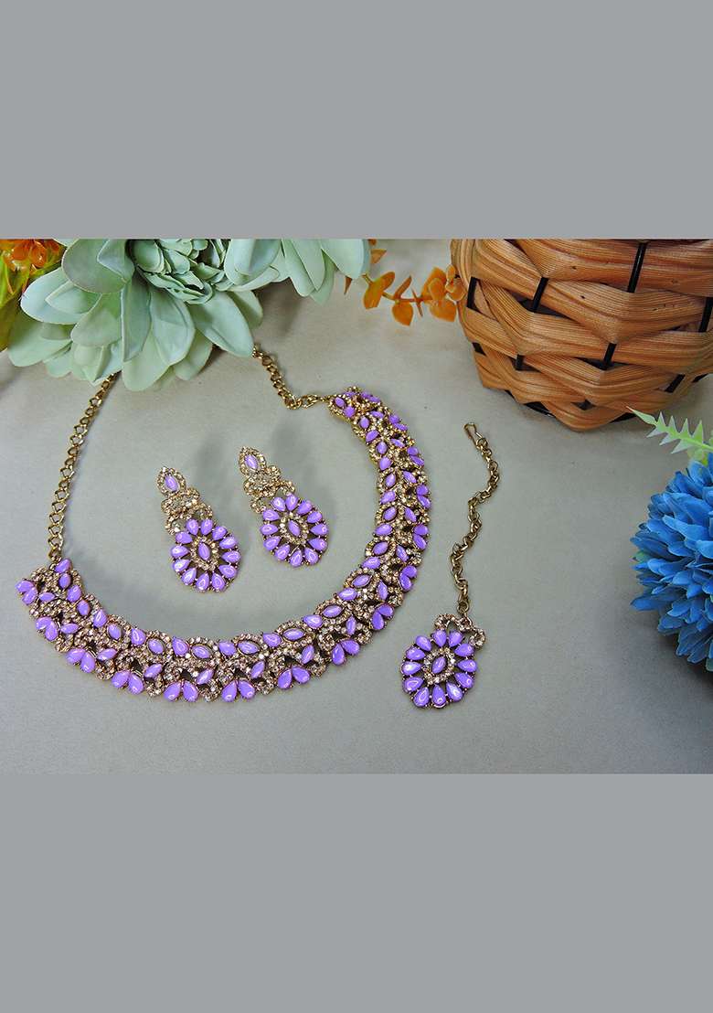 Purple Alloy American Diamonds and Stone Necklace Set - Indya