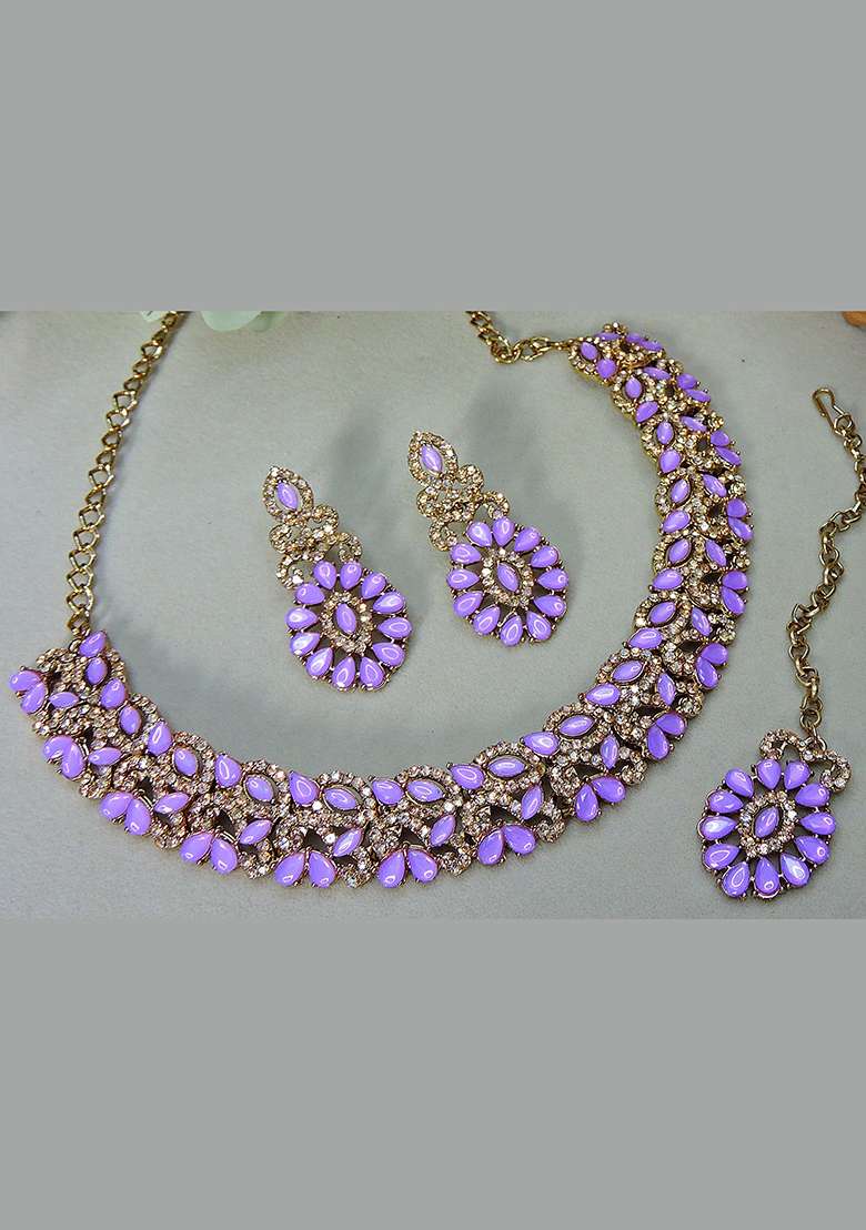 Purple Alloy American Diamonds and Stone Necklace Set - Indya