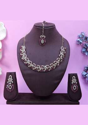 Purple Alloy American Diamonds and Stone Necklace Set