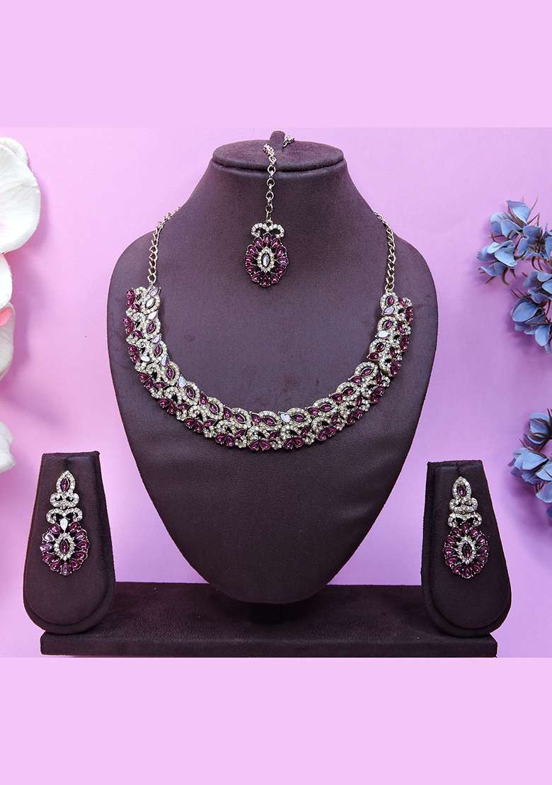 Purple Alloy American Diamonds and Stone Necklace Set - Indya