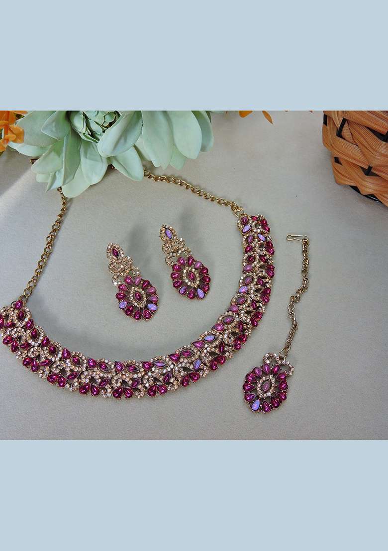 Purple Alloy American Diamonds and Stone Necklace Set - Indya