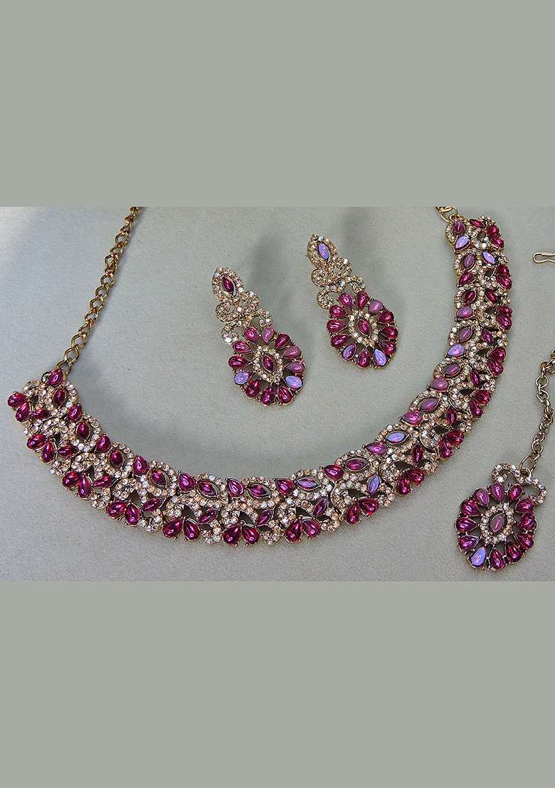 Purple Alloy American Diamonds and Stone Necklace Set - Indya