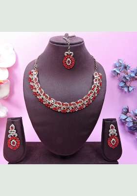 Red Alloy American Diamonds and Stone Necklace Set