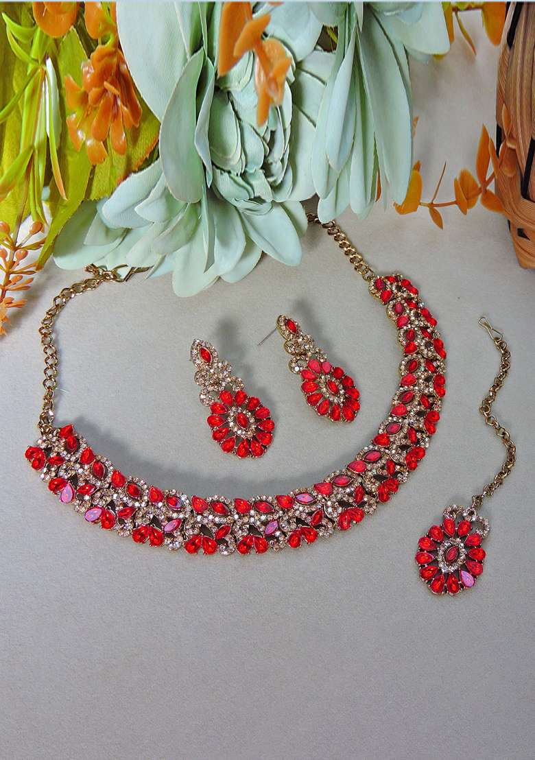 Red Alloy American Diamonds and Stone Necklace Set - Indya