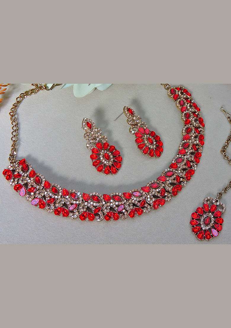 Red Alloy American Diamonds and Stone Necklace Set - Indya