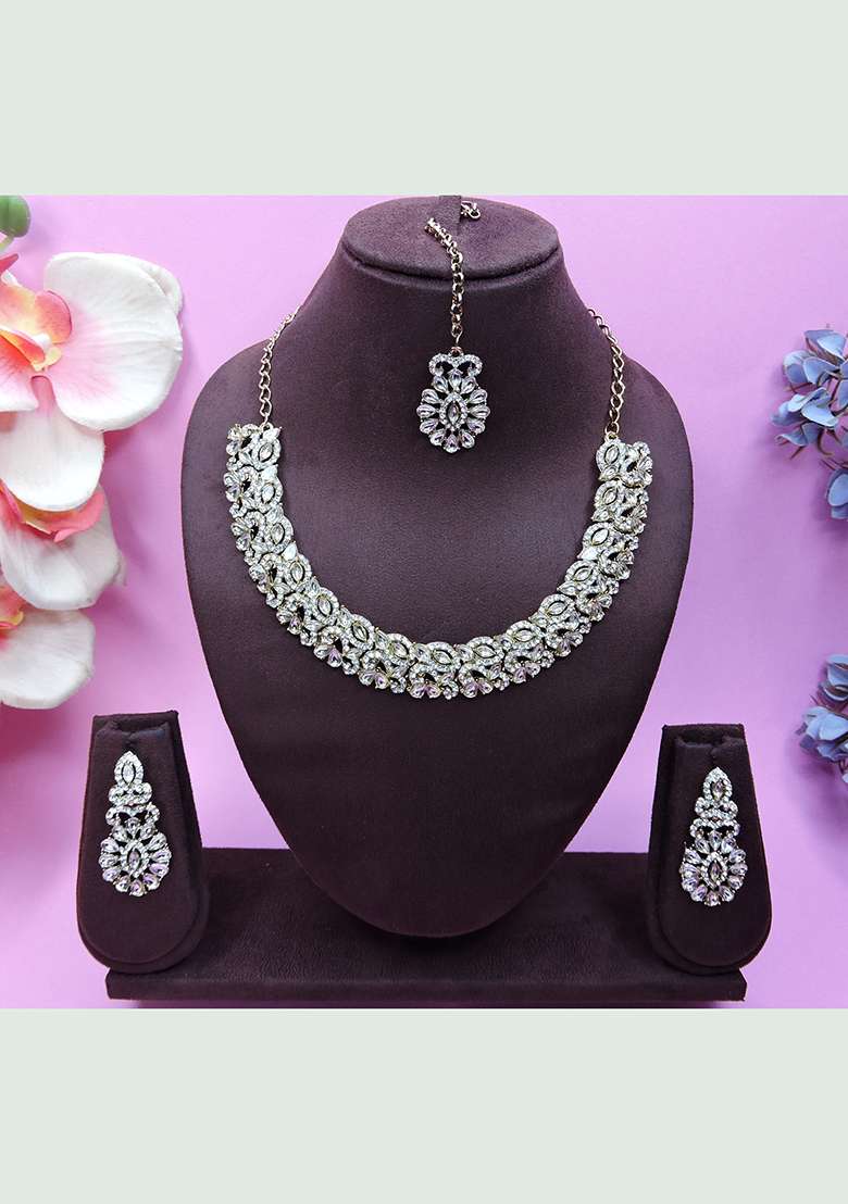 White Alloy American Diamonds and Stone Necklace Set - Indya