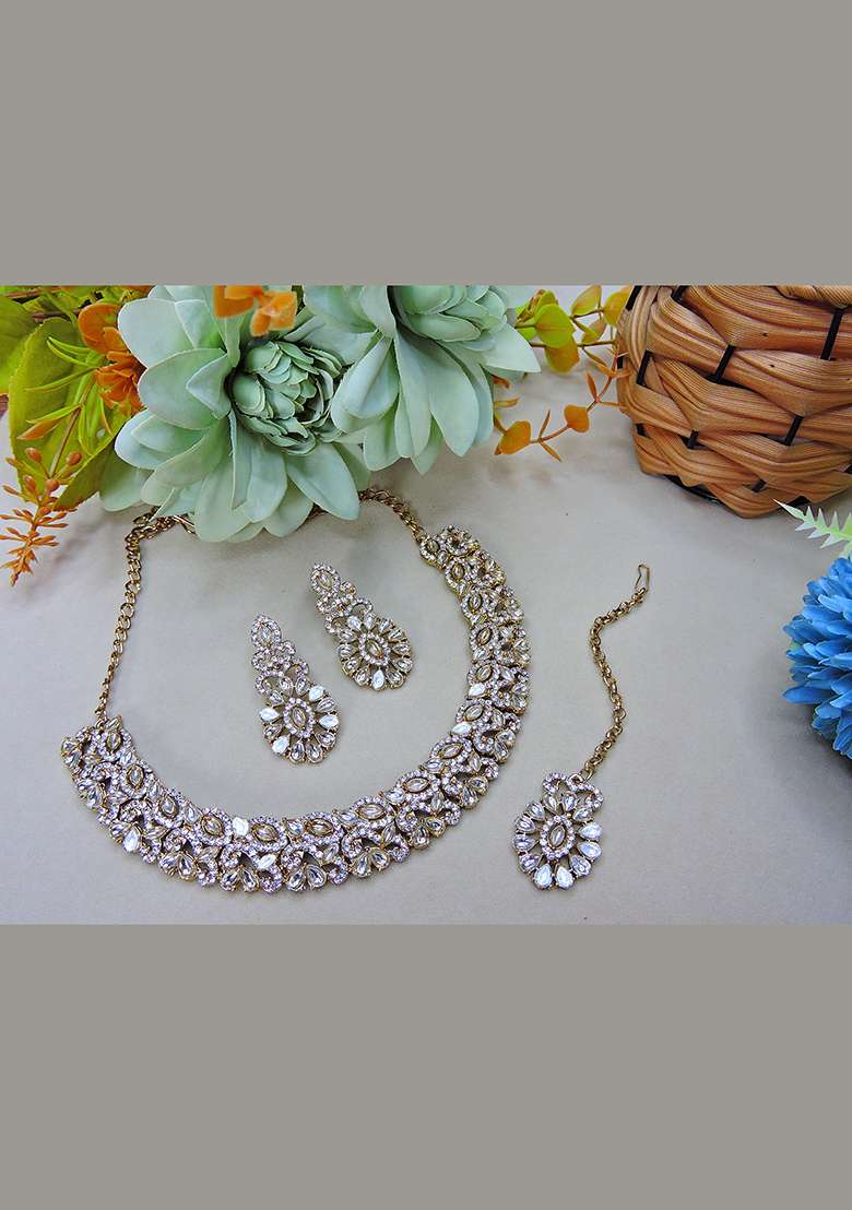 White Alloy American Diamonds and Stone Necklace Set - Indya