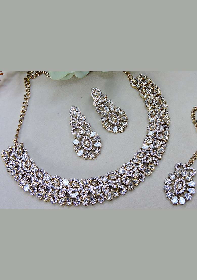 White Alloy American Diamonds and Stone Necklace Set - Indya