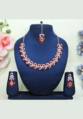 Maroon Alloy American Diamonds and Stone Necklace Set
