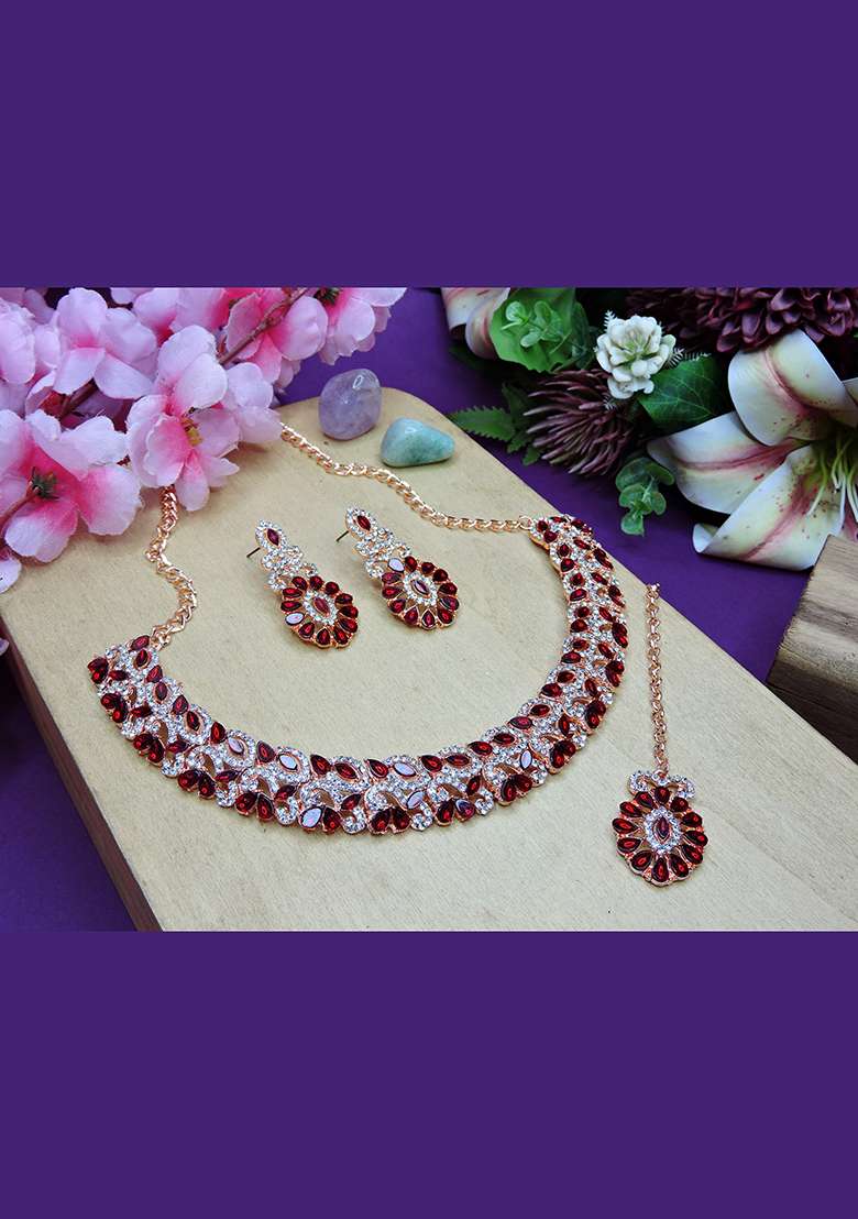 Maroon Alloy American Diamonds and Stone Necklace Set - Indya
