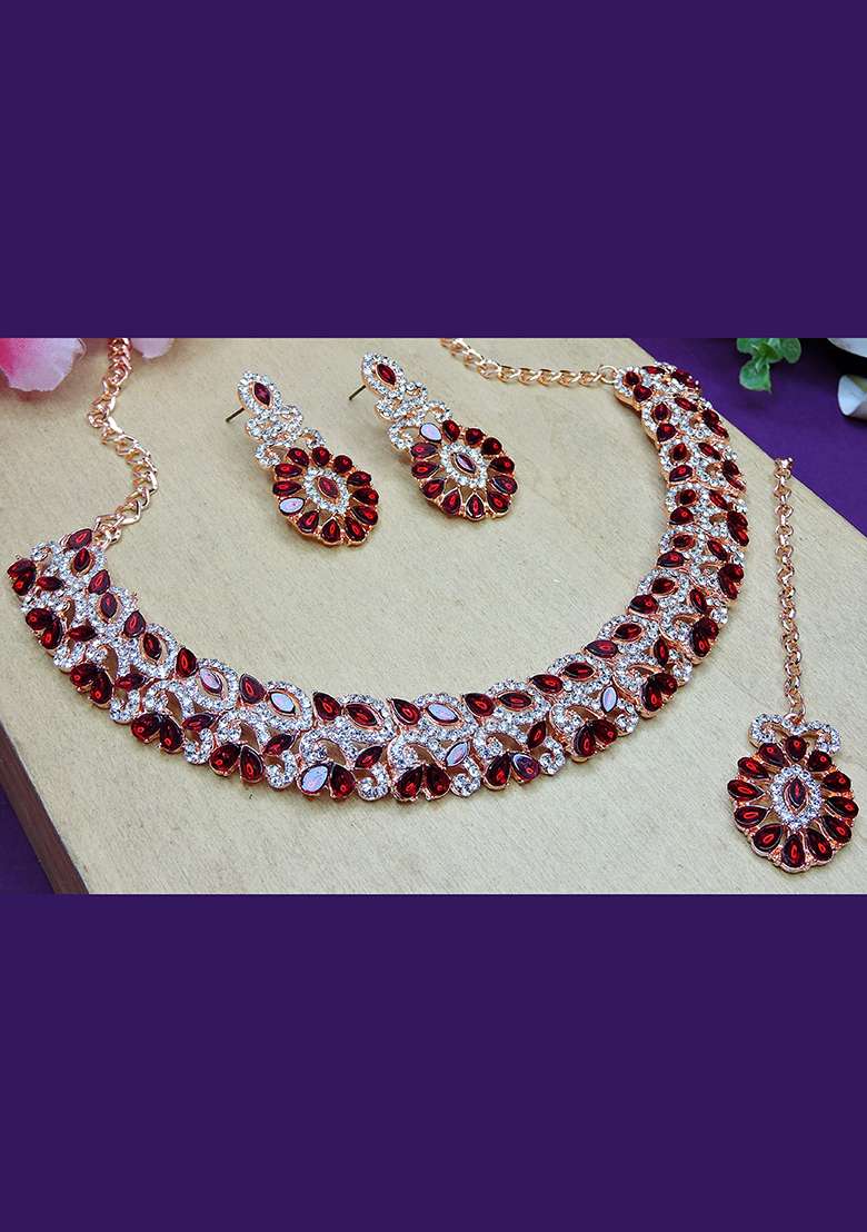 Maroon Alloy American Diamonds and Stone Necklace Set - Indya
