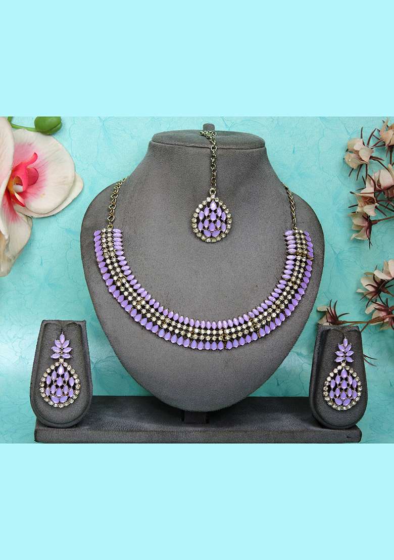 Purple Alloy American Diamonds and Stone Necklace Set - Indya