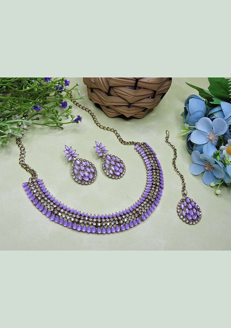 Purple Alloy American Diamonds and Stone Necklace Set - Indya