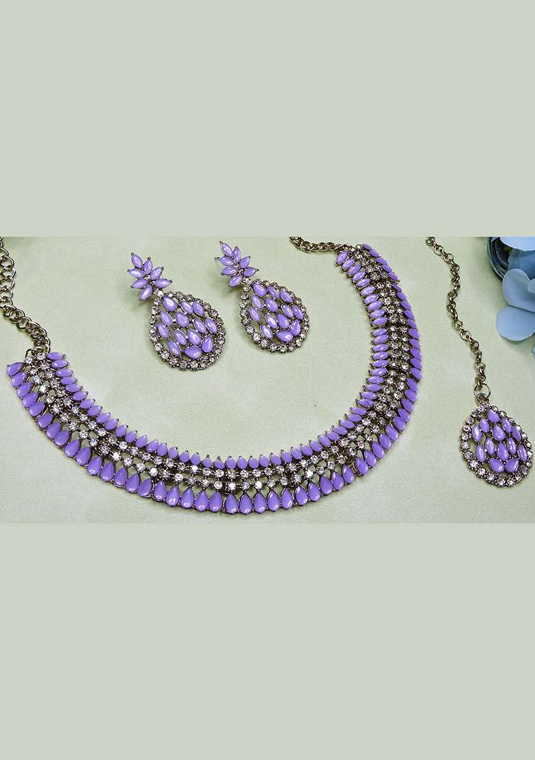 Purple Alloy American Diamonds and Stone Necklace Set - Indya