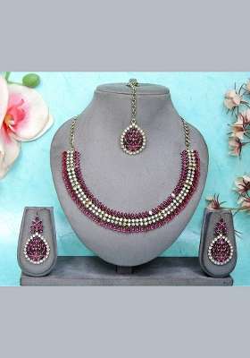 Purple Alloy American Diamonds and Stone Necklace Set