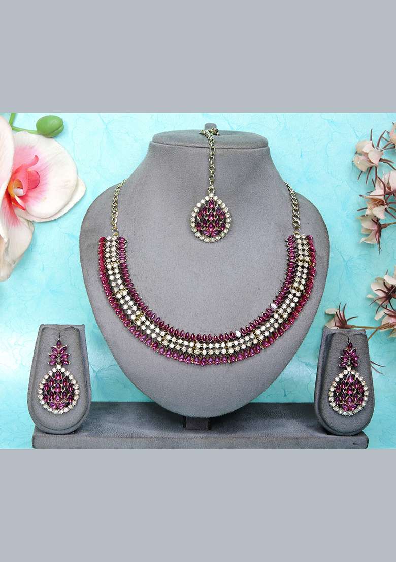 Purple Alloy American Diamonds and Stone Necklace Set - Indya