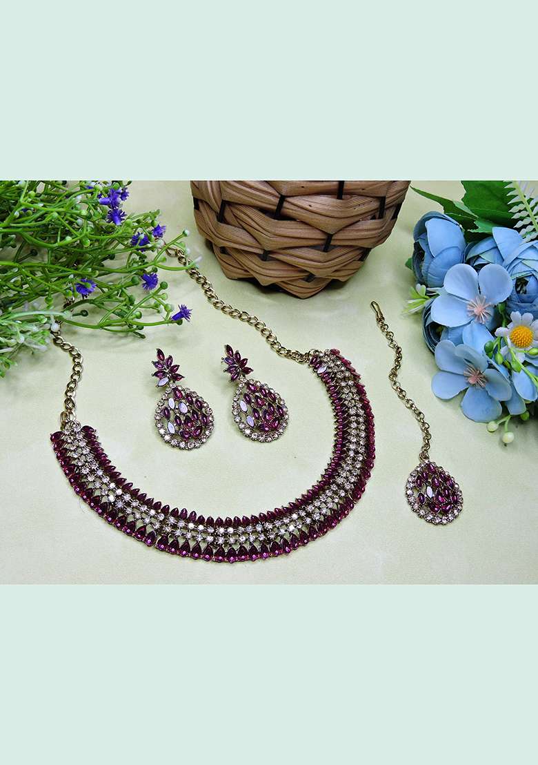 Purple Alloy American Diamonds and Stone Necklace Set - Indya
