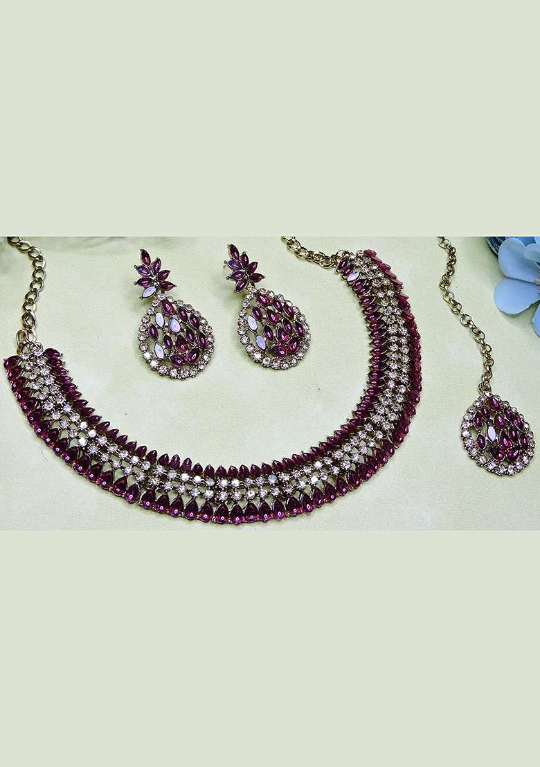 Purple Alloy American Diamonds and Stone Necklace Set - Indya