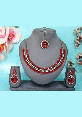 Red Alloy American Diamonds and Stone Necklace Set