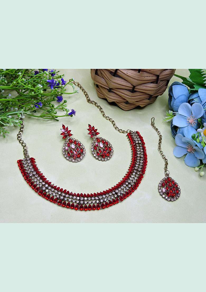 Red Alloy American Diamonds and Stone Necklace Set - Indya