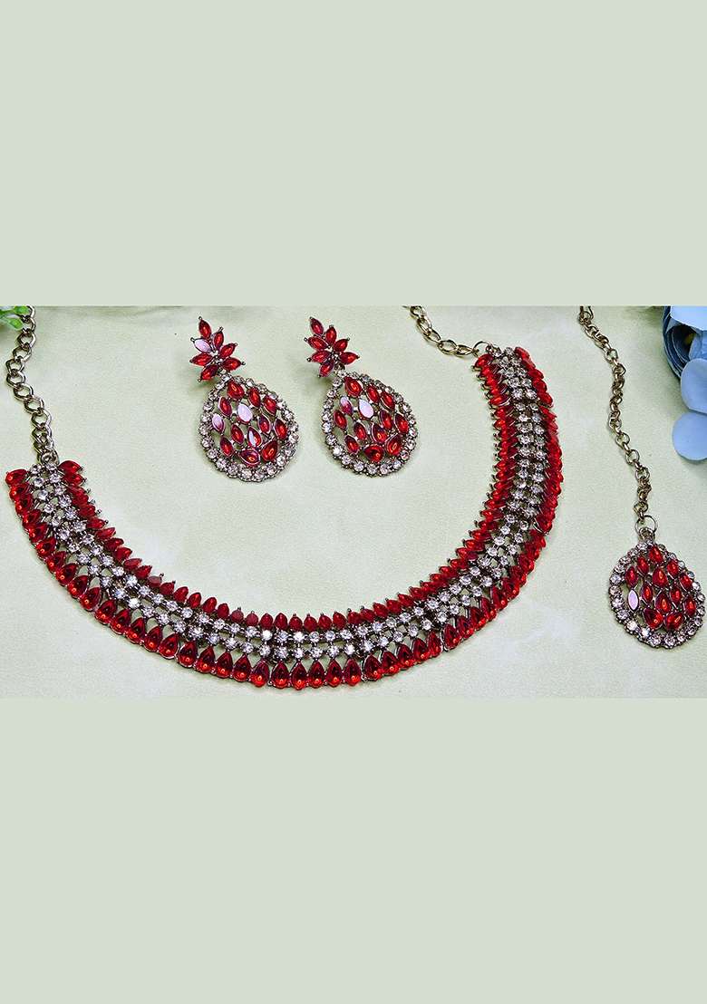 Red Alloy American Diamonds and Stone Necklace Set - Indya