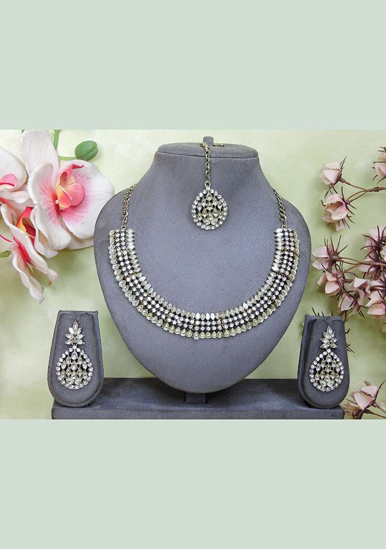 White Alloy American Diamonds and Stone Necklace Set - Indya
