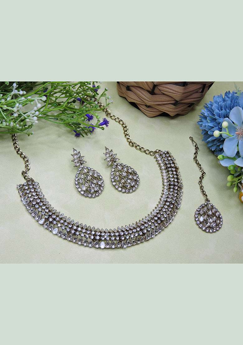 White Alloy American Diamonds and Stone Necklace Set - Indya
