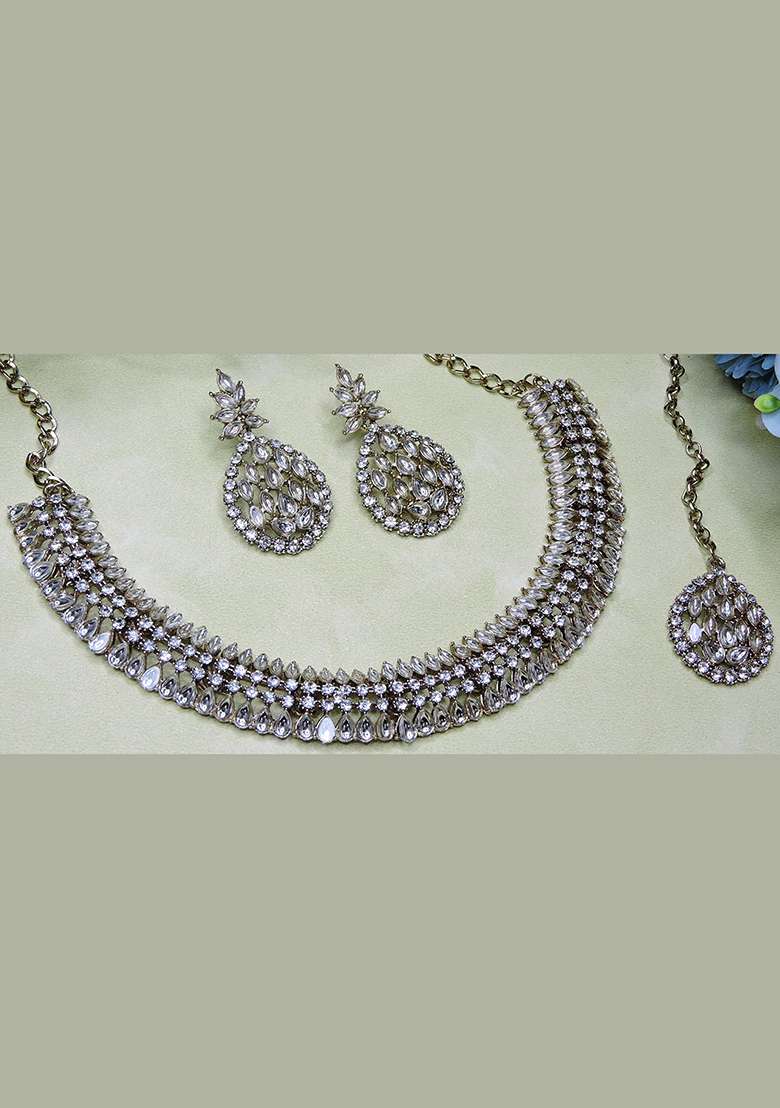 White Alloy American Diamonds and Stone Necklace Set - Indya